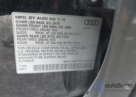 2019 Audi Q7 45 Premium/45 Se Premium из США, поврежденный, VIN WA1LHAF77KD019246